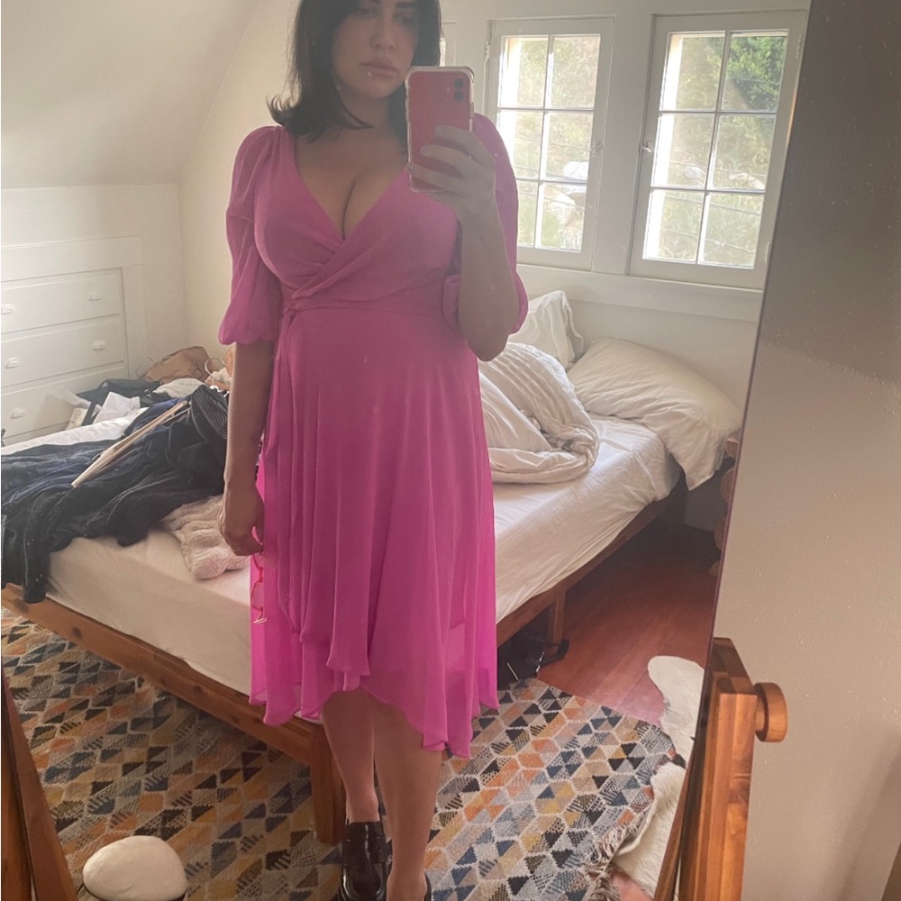 DKNY midi faux wrap dress pink purple size 10